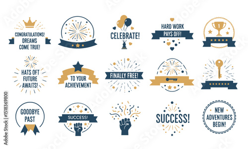 Collection of Achievement and Celebration Badges with Gold and Blue Accents.celebrating success, new beginnings, and milestones, incorporating elements like trophies, crowns, and celebratory