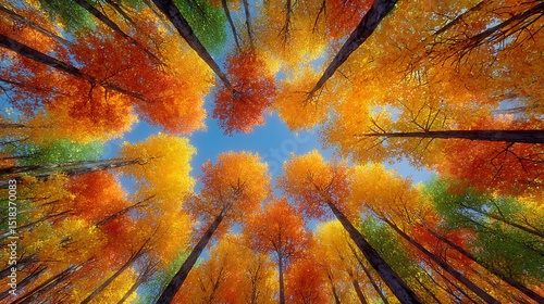 Autumn Forest Canopy with Colorful Trees, and Fall Leaves.
