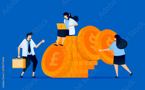 Illustration of people piling up money as a metaphor for saving in finance. Can be used for personal finance blogs, savings apps, and investment platforms