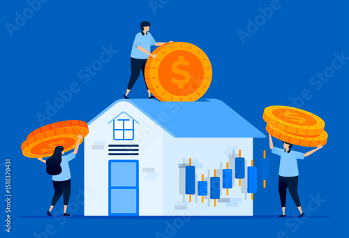 Illustration of house price fluctuations and secondary markets with houses and candlesticks representing mortgage and stock investments, designed for real estate and finance websites