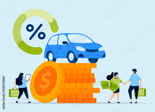 Illustration of cars on piles of money symbolizing down payments and low-interest loans for vehicle financing. Can be used for auto loan platforms, finance blogs, and banking websites.