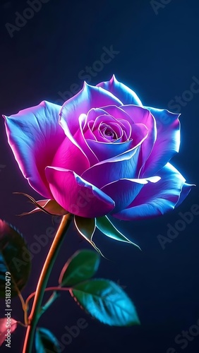 Single Rose Glowing with Vibrant Neon Pink and Blue Light on a Dark Background, 4k