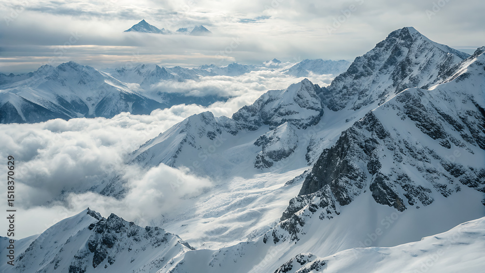 Fototapeta premium Panoramic View of Snow-Capped Mountain Range Above Clouds