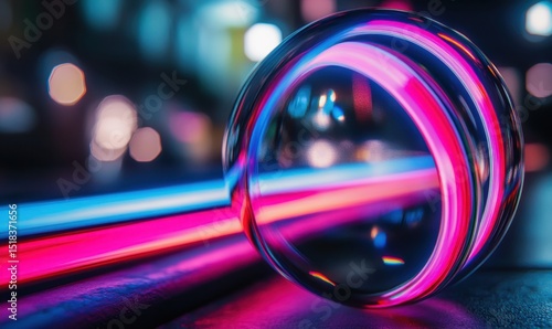Neon lights reflected in glass sphere at night, urban background, futuristic concept