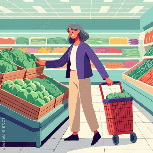 Senior woman shopping for fresh produce in supermarket