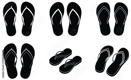 Pair of Flip-Flops Silhouette Vector Set – Casual Beach Sandals Illustration for Summer, Vacation, Poolside, and Relaxation-Themed Design Projects