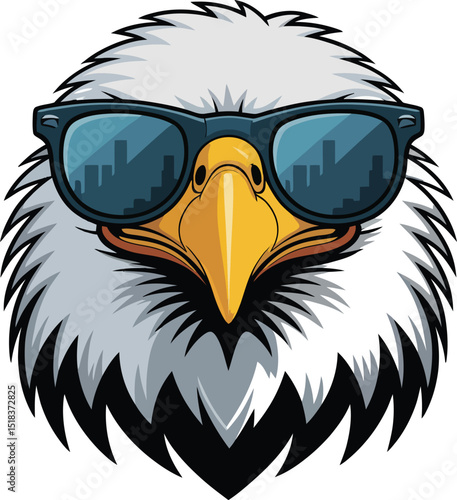 A bold illustration of an eagle's head wearing stylish sunglasses, combining elements of coolness and strength.
