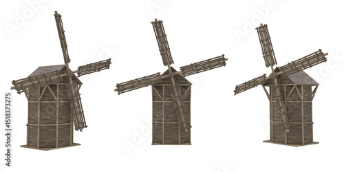 Old wooden windmill water pump tower. Isolated 3D render.