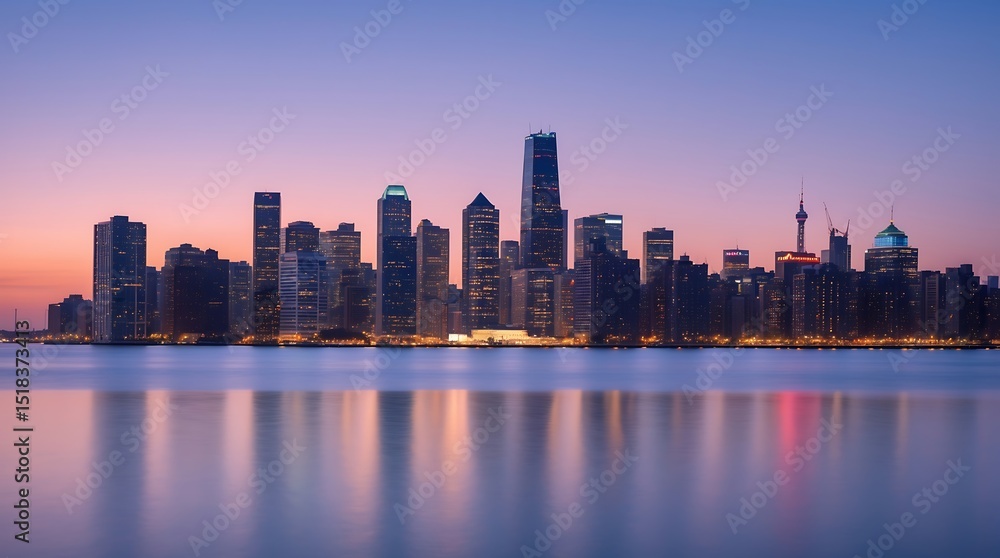 Fototapeta premium Stunning skyline of downtown Chicago at twilight over Lake Michigans calm waters
