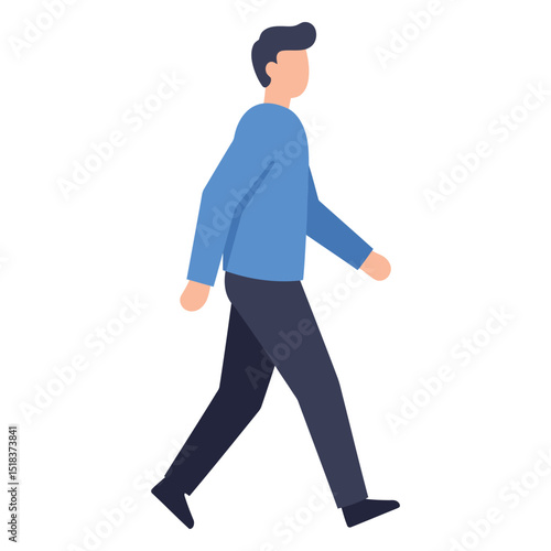 Flat Design Man Walking Vector Illustration, Male Character Strolling, Commuting, or Exercising for Everyday Life Concepts