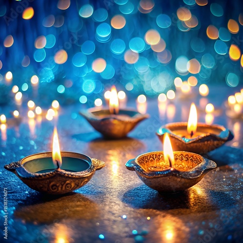 Burning wax candles with yellow flames illuminate dark stones on a romantic blue background, Diwali festival 