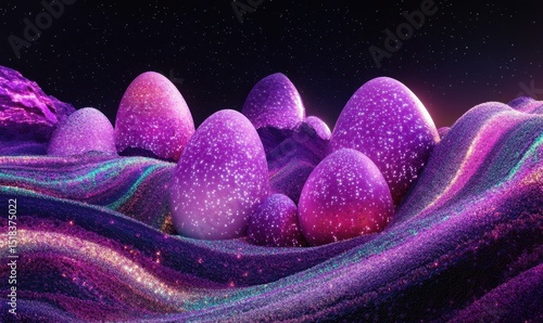 Sparkling eggs nestled in cosmic landscape, night sky backdrop; Easter greeting card