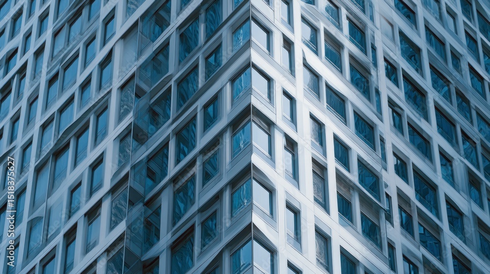 View of a modern building with many windows and a corner edge showing the building's architecture design View of a modern building with many windows and a corner edge showing the building's architecture design