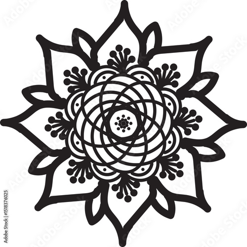 Detailed and symmetrical mandala artwork featuring intricate geometric patterns and ornamental elements. This decorative design is perfect for use in meditation visuals, coloring books, textile prints