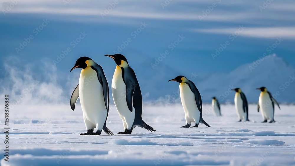 Fototapeta premium Group of Emperor Penguins Walking Across the Vast, Frozen Antarctic Ice Sheet,4k