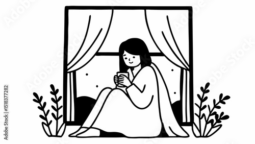 Woman wrapped in blanket sitting by window holding mug with plants and night sky in background created with generated ai