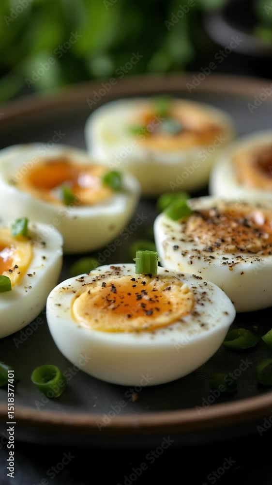 Halved boiled eggs topped with black pepper and green onions rest on a dark ceramic plate Halved boiled eggs topped with black pepper and green onions rest on a dark ceramic plate