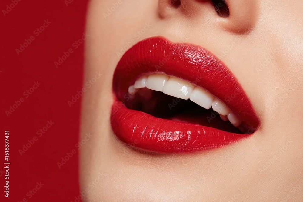 Obraz premium A persons face closeup on the open mouth with bright red lipstick and white teeth