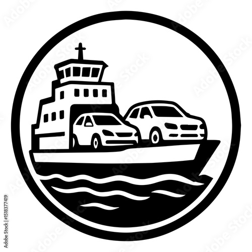 Ferry with cars icon with transparent background passenger vehicle transport ship watercraft symbol
