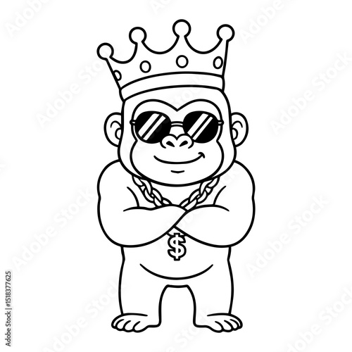Cool Gorilla King: A cartoon illustration of a cool gorilla wearing a crown, sunglasses, and a gold chain, standing with arms crossed, exuding confidence and royalty. 