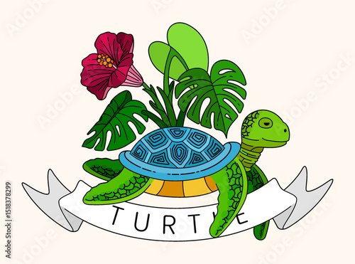 Turtle illustration in vintage line art style with taro leaves, monstera, and hibiscus flowers, capturing the essence of tropical summer beach life. Perfect for summer cards, posters, websites