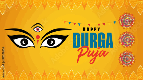 Vibrant and festive DURGA PUJA banner-style image with a bright yellow background.