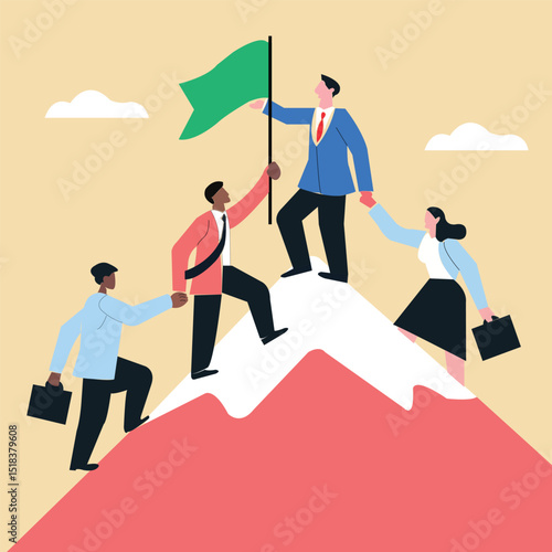 Businessmen help colleague reach mountain top holding flag symbolizing leadership and teamwork success, business or professional help and trust 