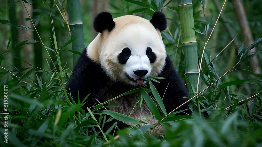Obraz premium Giant Panda Eating Fresh Bamboo Shoots in a Lush Green Forest, 4k