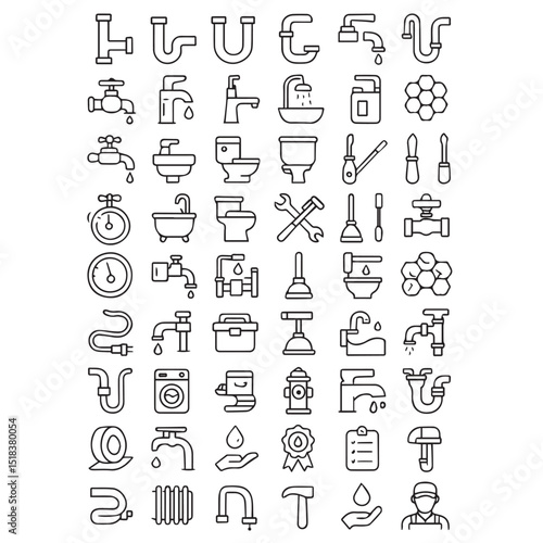 Plumbing and repair icons: pipes, faucets, tools, and more