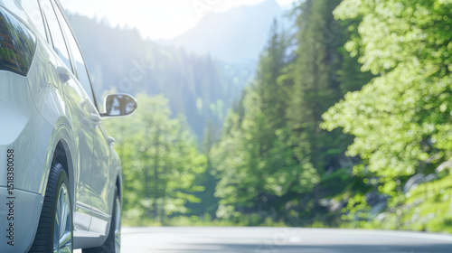 Scenic road trip with car parked beside lush pine forest and mountains background, evoking sense of adventure and tranquility
