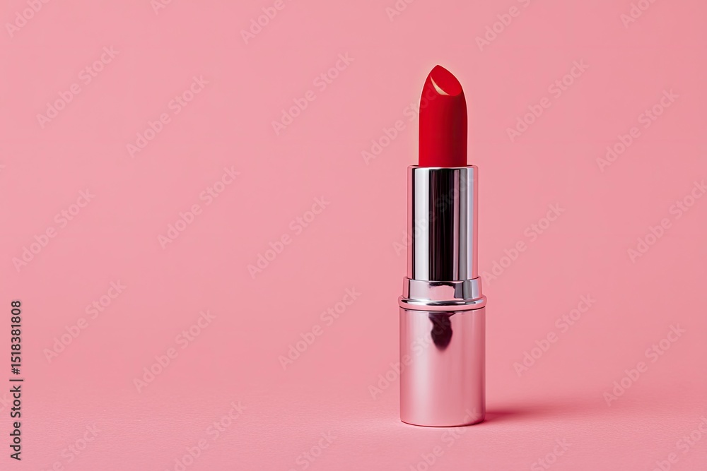 A closeup of a red lipstick tube against a pink background A closeup of a red lipstick tube against a pink background