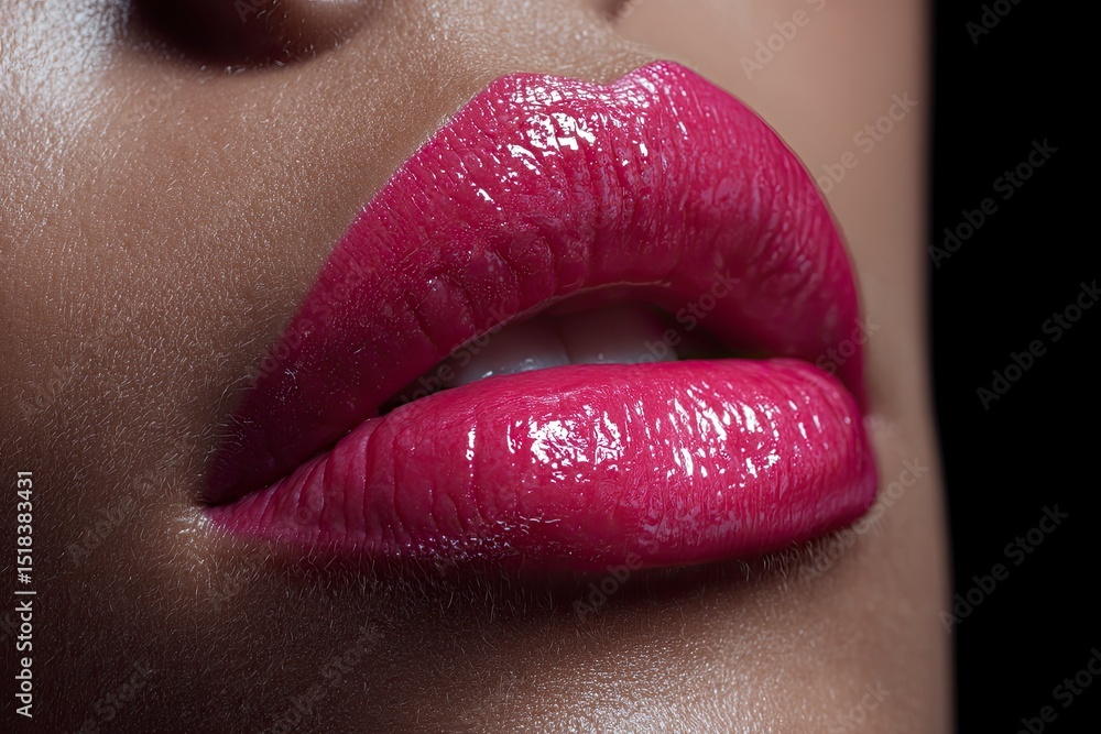 Fototapeta premium A closeup shows full glossy pink lips slightly parted revealing white teeth Skin texture and lip details are visible A dark background contrasts the bright lips