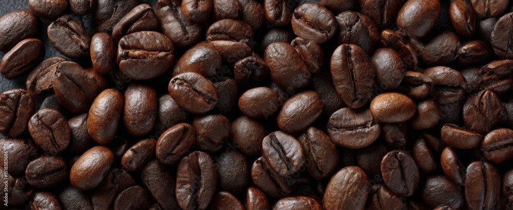 The close-up of roasted coffee beans on a dark surface. The close-up of roasted coffee beans on a dark surface.