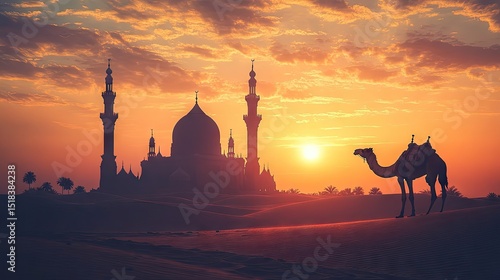 Silhouette of mosque and camel at desert sunset.
