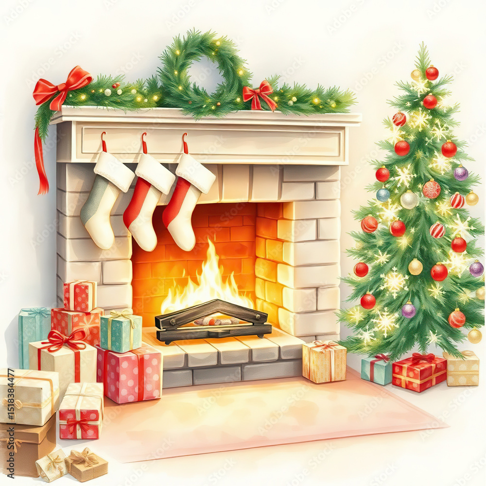 Obraz premium Cozy Christmas scene with decorated fireplace, stockings, lit fire, Christmas tree, and wrapped gifts creating festive
