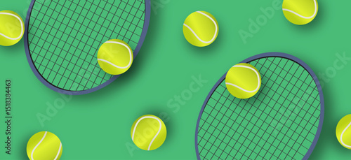Tennis rackets and balls on green background. Real tennis game, class or match design for banner, advertisement, poster, website, brochure.