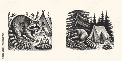 Engraving Style Illustration of a Raccoon Sneaking into a Campsite – Woodcut Animal Art Scene, Forest Wildlife Design for Nature and Outdoor Themed Projects