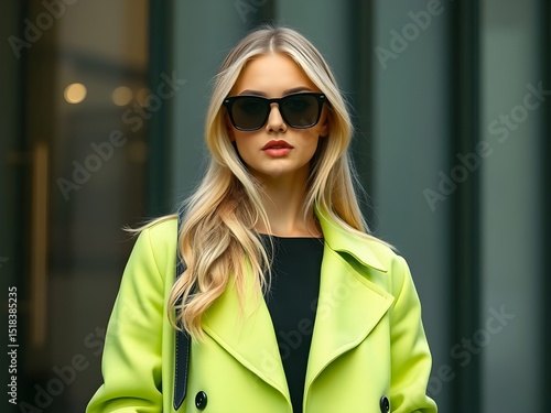 High fashion photo of a young blond woman in light green vivid coat, black dress, and sunglasses. Trendy fashion outfit.
