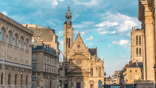 Quadro su tela Church of Saint-Etienne-du-Mont timelapse in Paris near Pantheon.