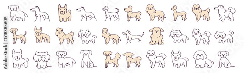 Monochrome Abstract Dog Breeds Illustration – Flat Graphic Icon Set Featuring Stylized Canines in Modern Grid Layout.
