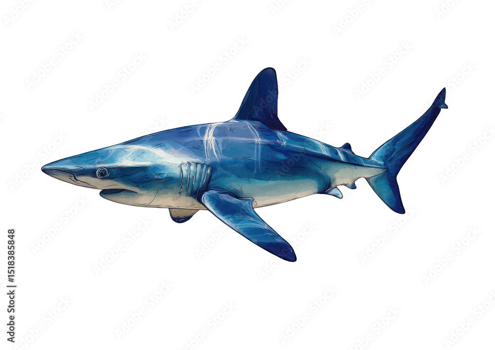 Fototapeta premium Striking blue shark illustration in a marine setting on a plain dark background