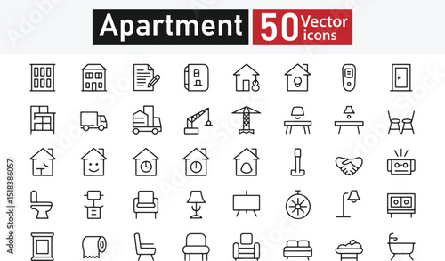 Collection of 50 line icons related to apartment, Flat, Home, Architecture, Property, Building, and Residential Themes – Vector Illustration