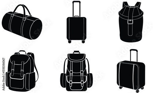 Luggage & Bags Silhouette Vector Set – Travel, Fashion, and Utility Bag Illustrations for Commute, Vacation, Shopping, and Lifestyle-Themed Design Projects