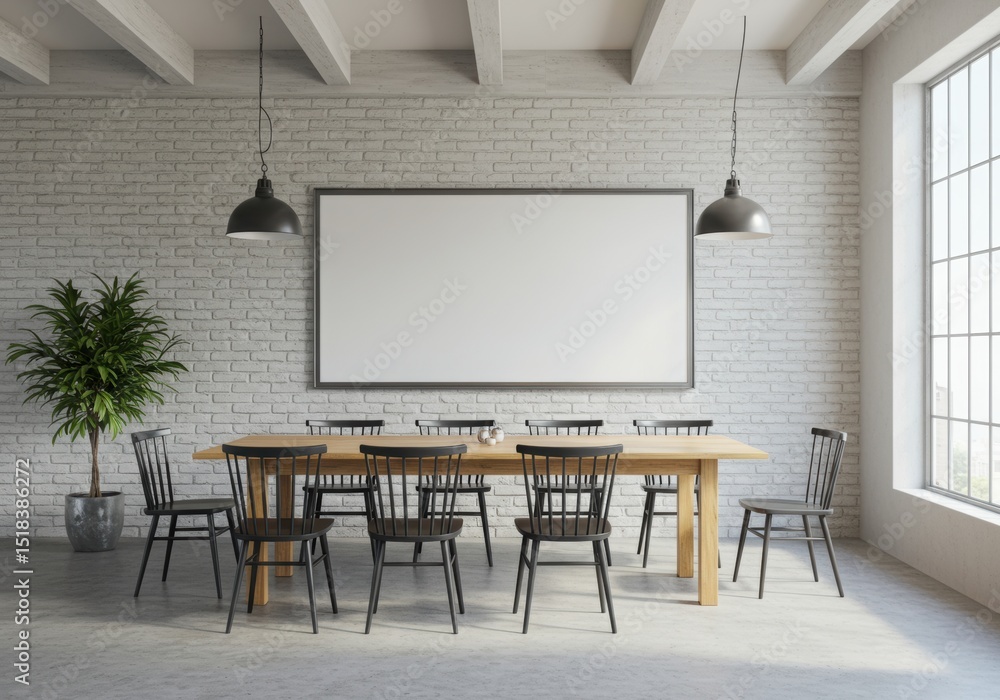 Blank Horizontal Frame Mockup on White Brick Wall in Industrial Dining Room Blank Horizontal Frame Mockup on White Brick Wall in Industrial Dining Room
