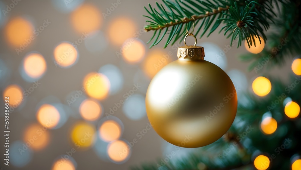Golden christmas ornament on a fir branch against a beautiful bokeh background Golden christmas ornament on a fir branch against a beautiful bokeh background