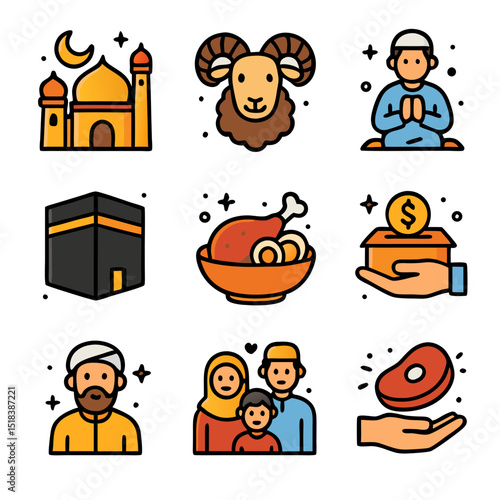 Eid Adha icons depicting Islamic faith values like hajj pilgrimage. Suitable for religious designs, educational materials, and cultural presentations.