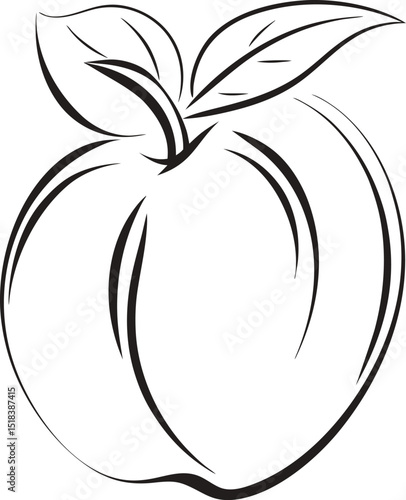 Minimalist line art depiction of a fresh peach fruit with leaves