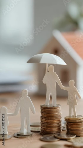 Paper family figures stand on coin stacks with a miniature house and umbrella, depicting investment and family finance.