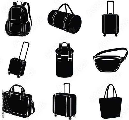 Luggage & Bags Silhouette Vector Set – Travel, Fashion, and Utility Bag Illustrations for Commute, Vacation, Shopping, and Lifestyle-Themed Design Projects

