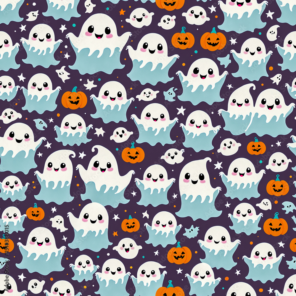 Kawaii ghost pattern with trick-or-treat bags, playful Halloween design Kawaii ghost pattern with trick-or-treat bags, playful Halloween design